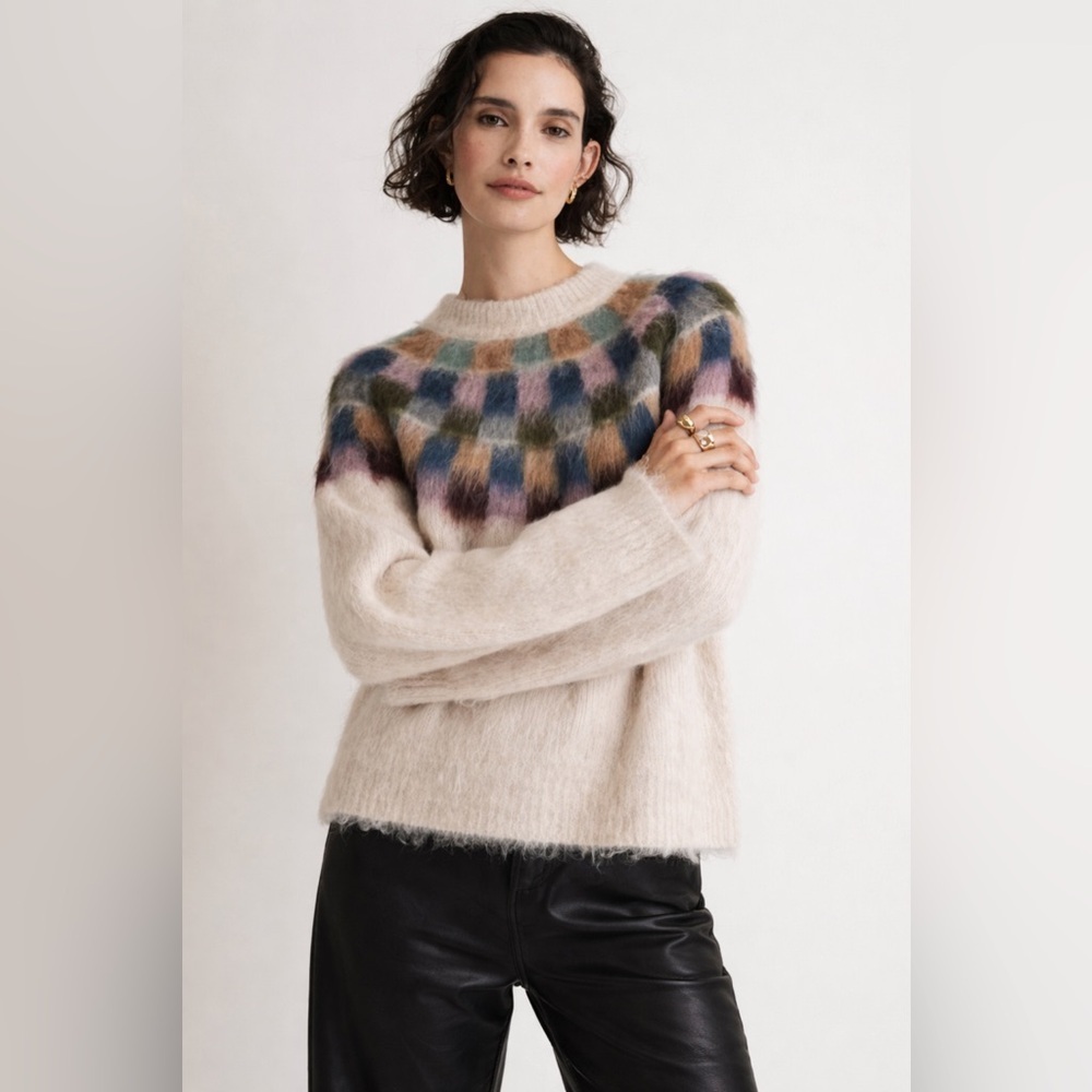 Madewell Brushed Checkerboard Fair Isle Oversized Sweater Alpaca Wool Blend XS